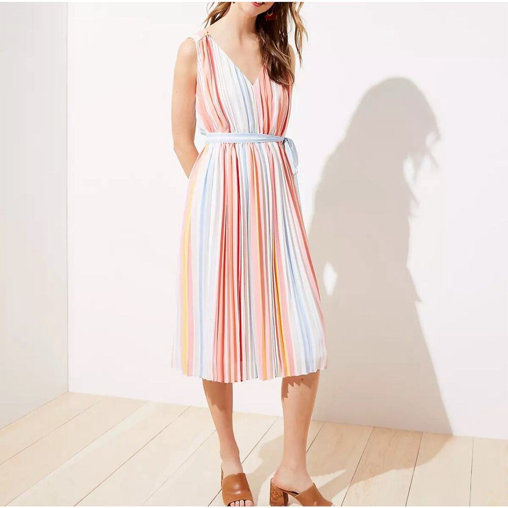 Loft Striped Pleated Waist Tie Midi Dress, Pastel, NWOT, Size Small
